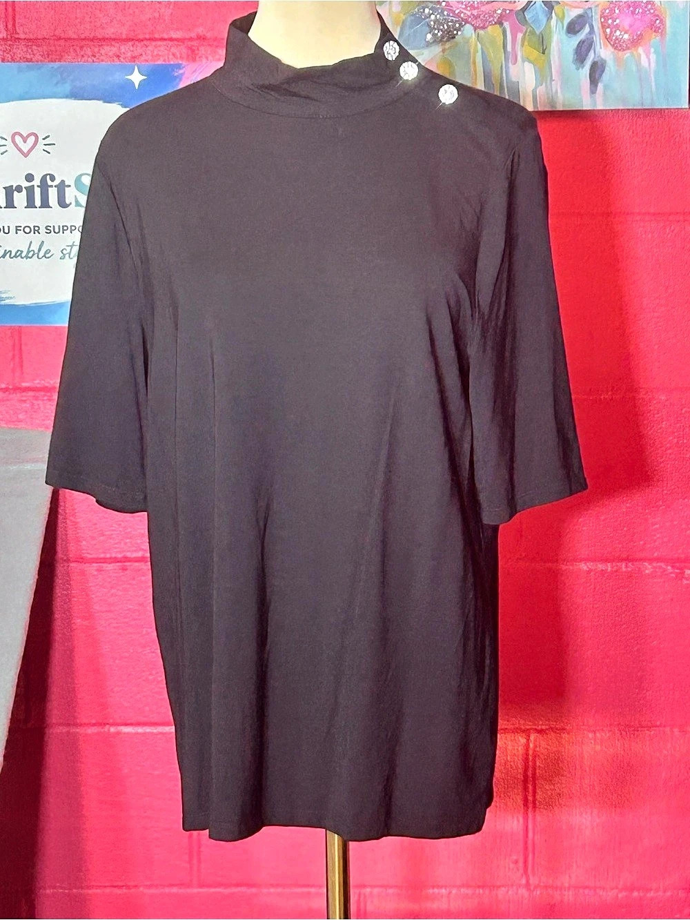Talbots Button Shoulder Mockneck Top Black Size Large